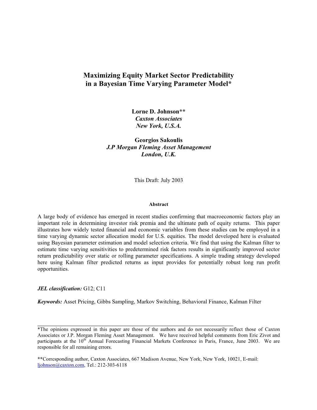 Maximizing Equity Market Sector Predictability in a Bayesian Time Varying Parameter Model*