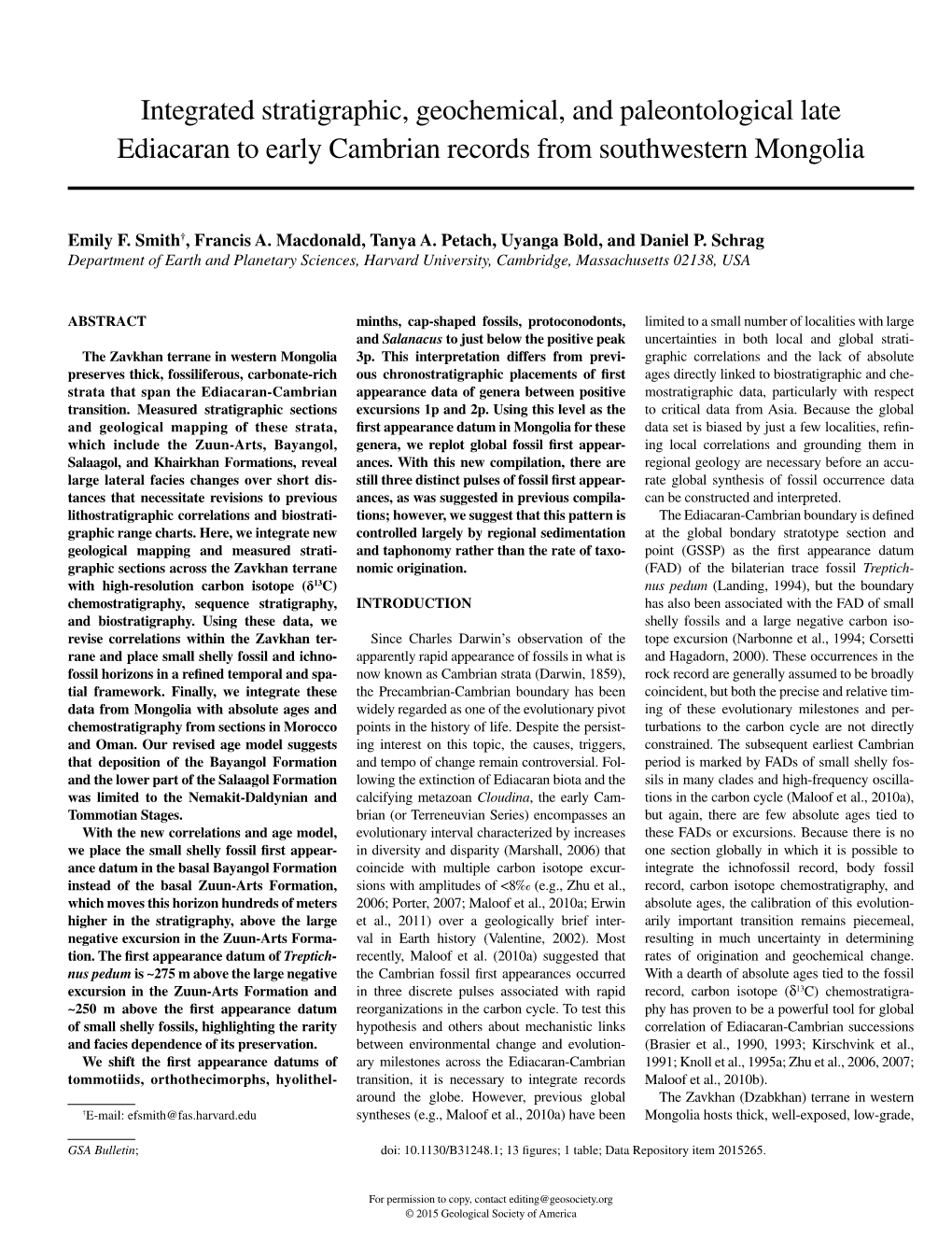 Integrated Stratigraphic, Geochemical, and Paleontological Late Ediacaran to Early Cambrian Records from Southwestern Mongolia