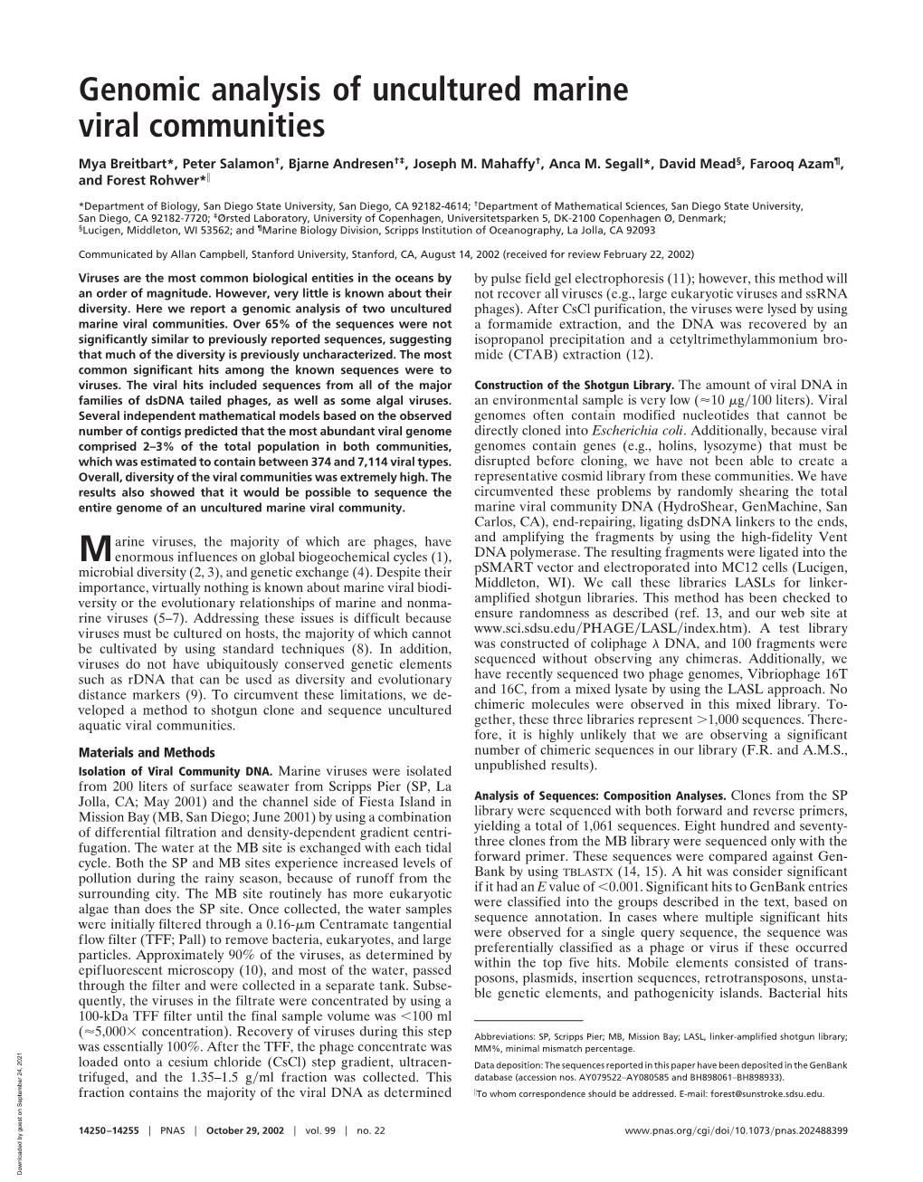 Genomic Analysis of Uncultured Marine Viral Communities