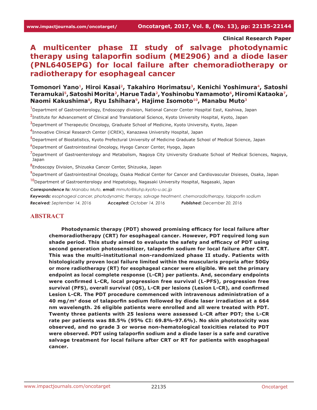 And a Diode Laser (PNL6405EPG) for Local Failure After Chemoradiotherapy Or Radiotherapy for Esophageal Cancer