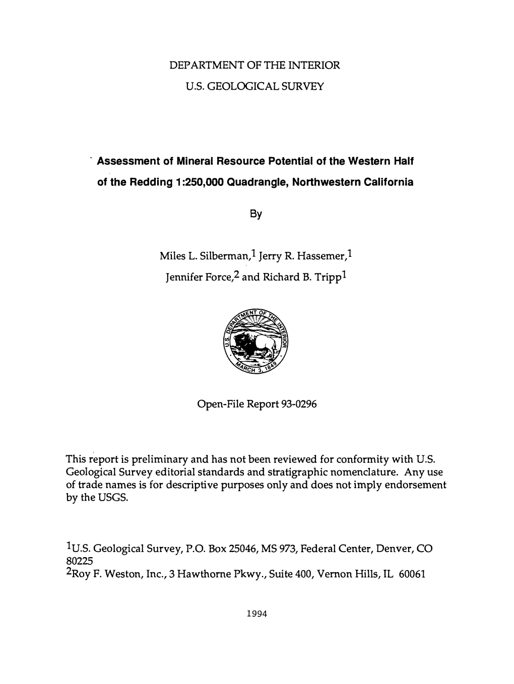 Assessment of Mineral Resource Potential of the Western Half of the Redding 1:250,000 Quadrangle, Northwestern California