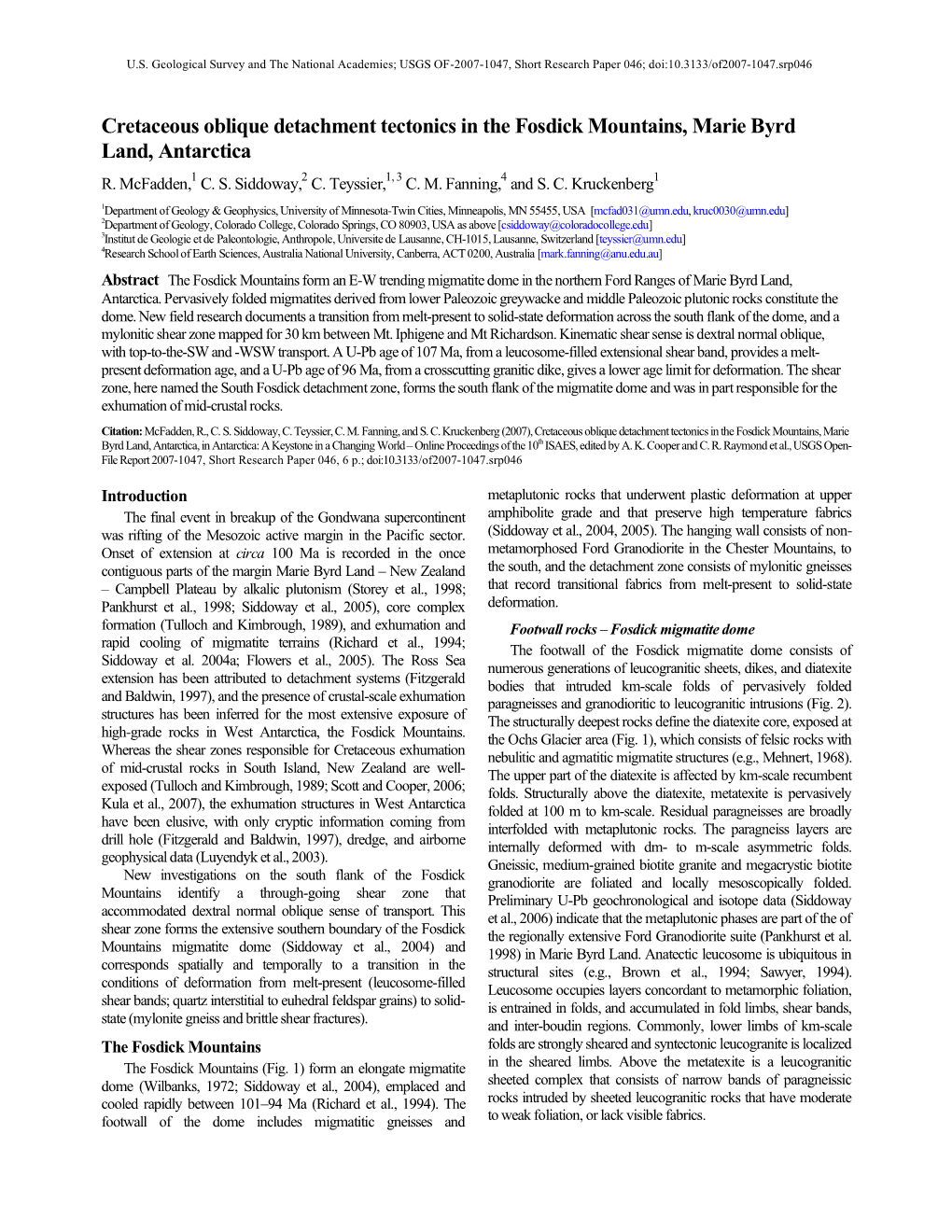 Cretaceous Oblique Detachment Tectonics in the Fosdick Mountains, Marie Byrd Land, Antarctica R