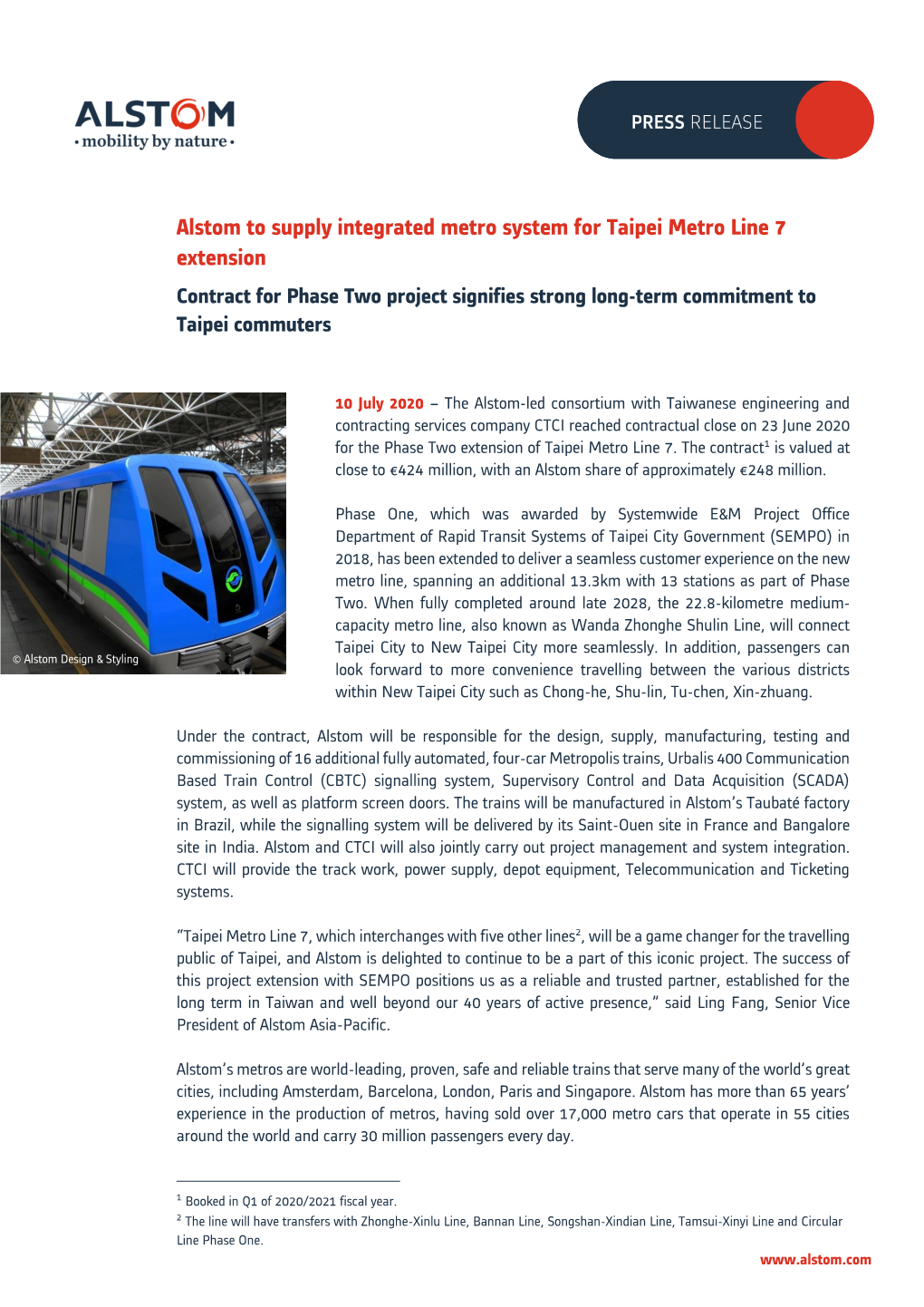 Alstom to Supply Integrated Metro System for Taipei Metro Line 7 Extension Contract for Phase Two Project Signifies Strong Long-Term Commitment to Taipei Commuters