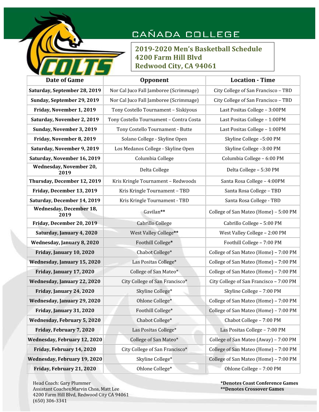 2019-2020 Men's Basketball Schedule 4200