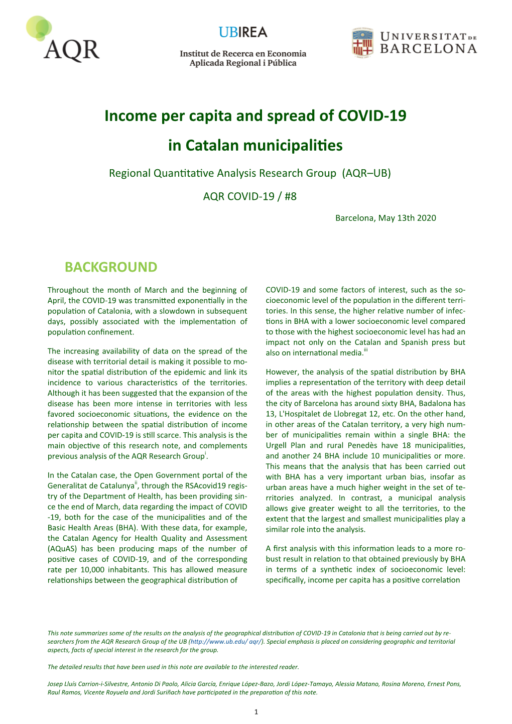 Income Per Capita and Spread of COVID-19 in Catalan Municipalities