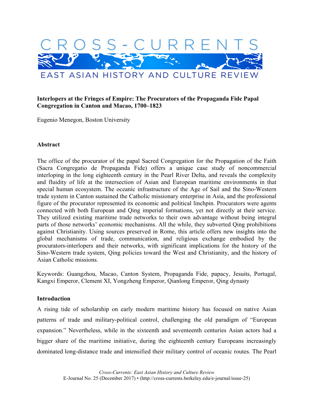 The Procurators of the Propaganda Fide Papal Congregation in Canton and Macao, 1700–1823