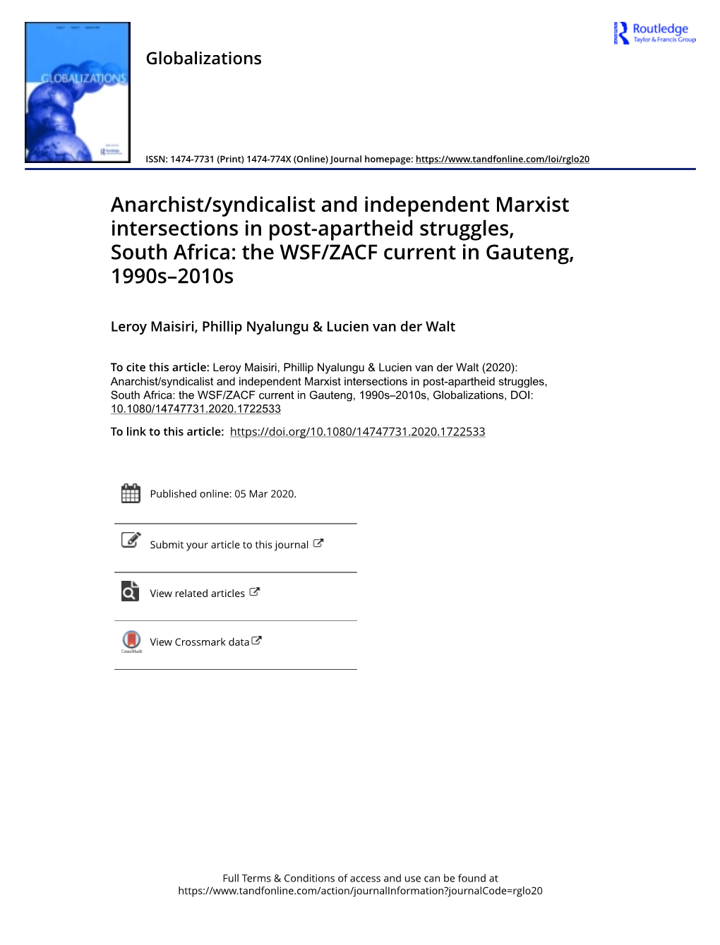 Anarchist/Syndicalist and Independent Marxist Intersections in Post-Apartheid Struggles, South Africa: the WSF/ZACF Current in Gauteng, 1990S–2010S