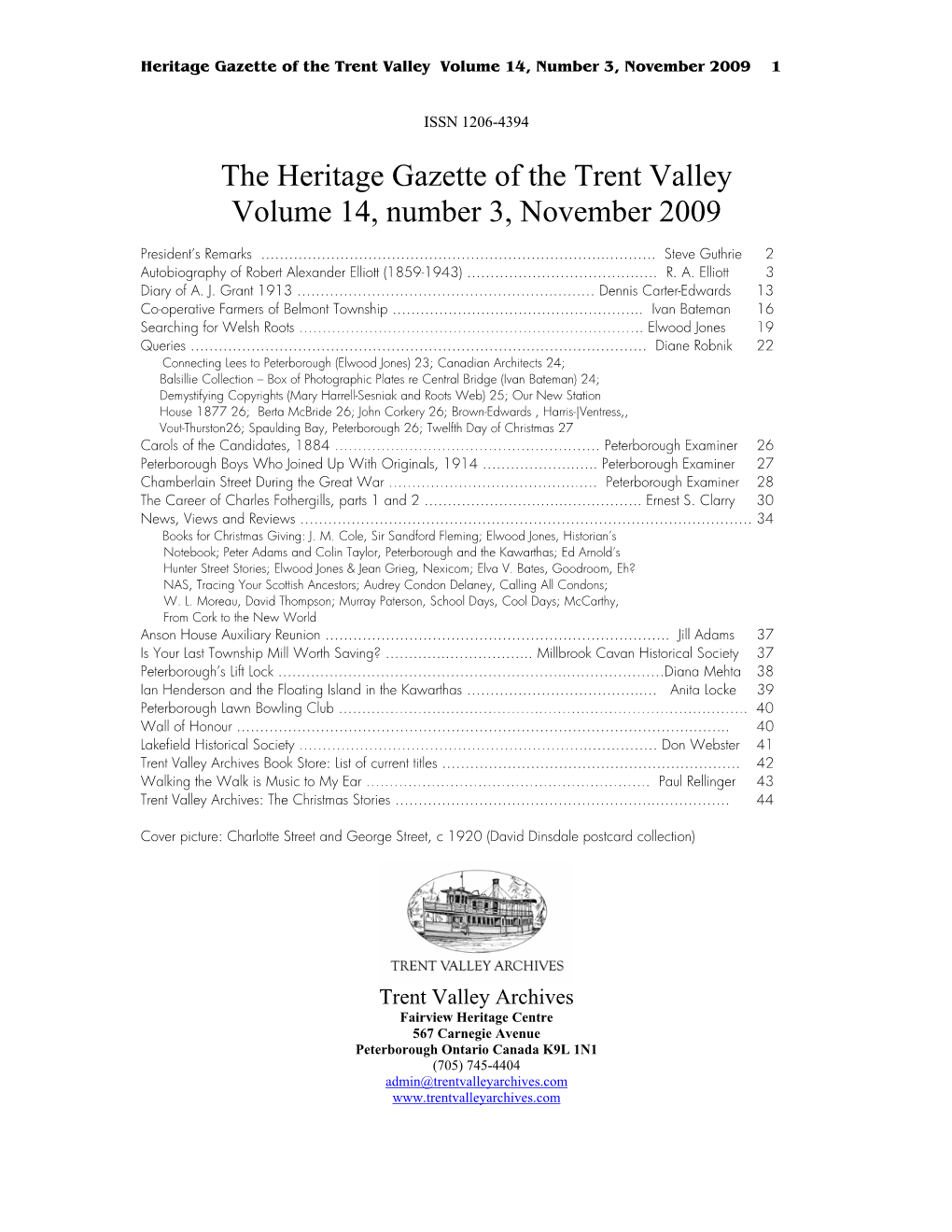 The Heritage Gazette of the Trent Valley Volume 14, Number 3, November 2009