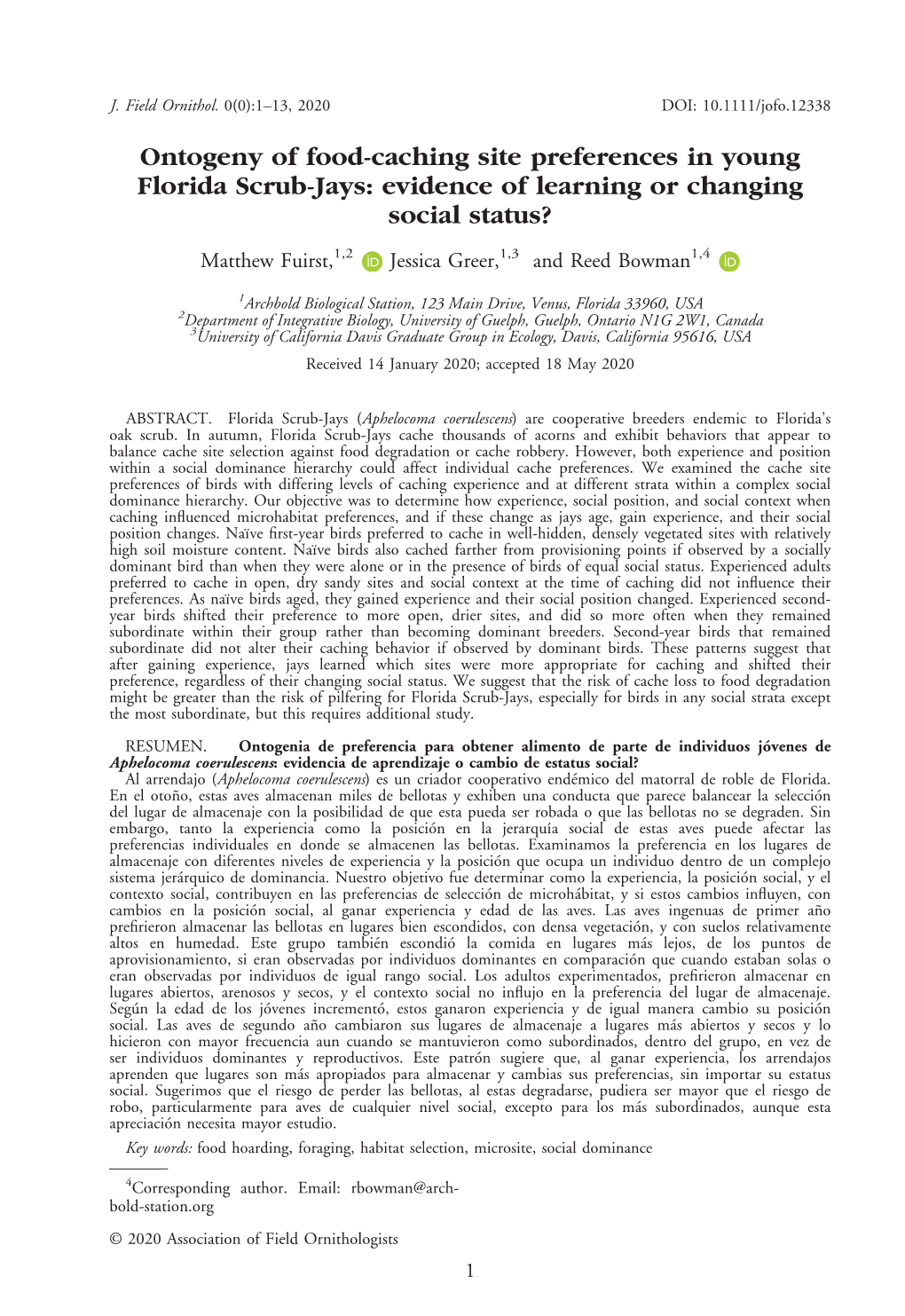 Caching Site Preferences in Young Florida Scrub‐Jays