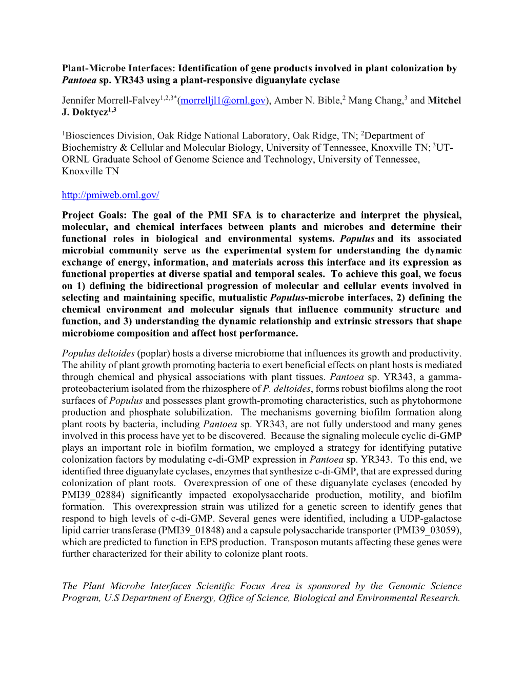 Identification of Gene Products Involved in Plant Colonization by Pantoea Sp