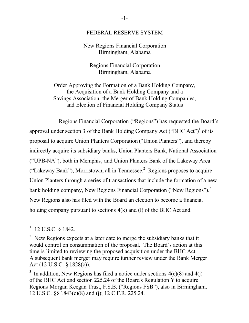 Approval of Proposal by Regions Financial Corporation