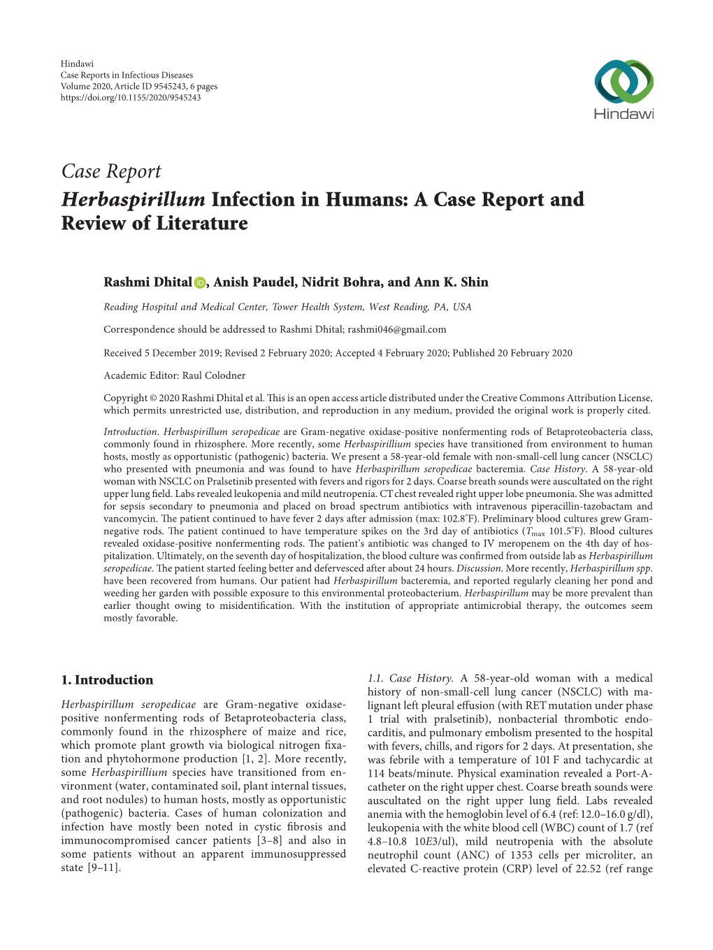 Case Report Herbaspirillum Infection in Humans: a Case Report and Review of Literature
