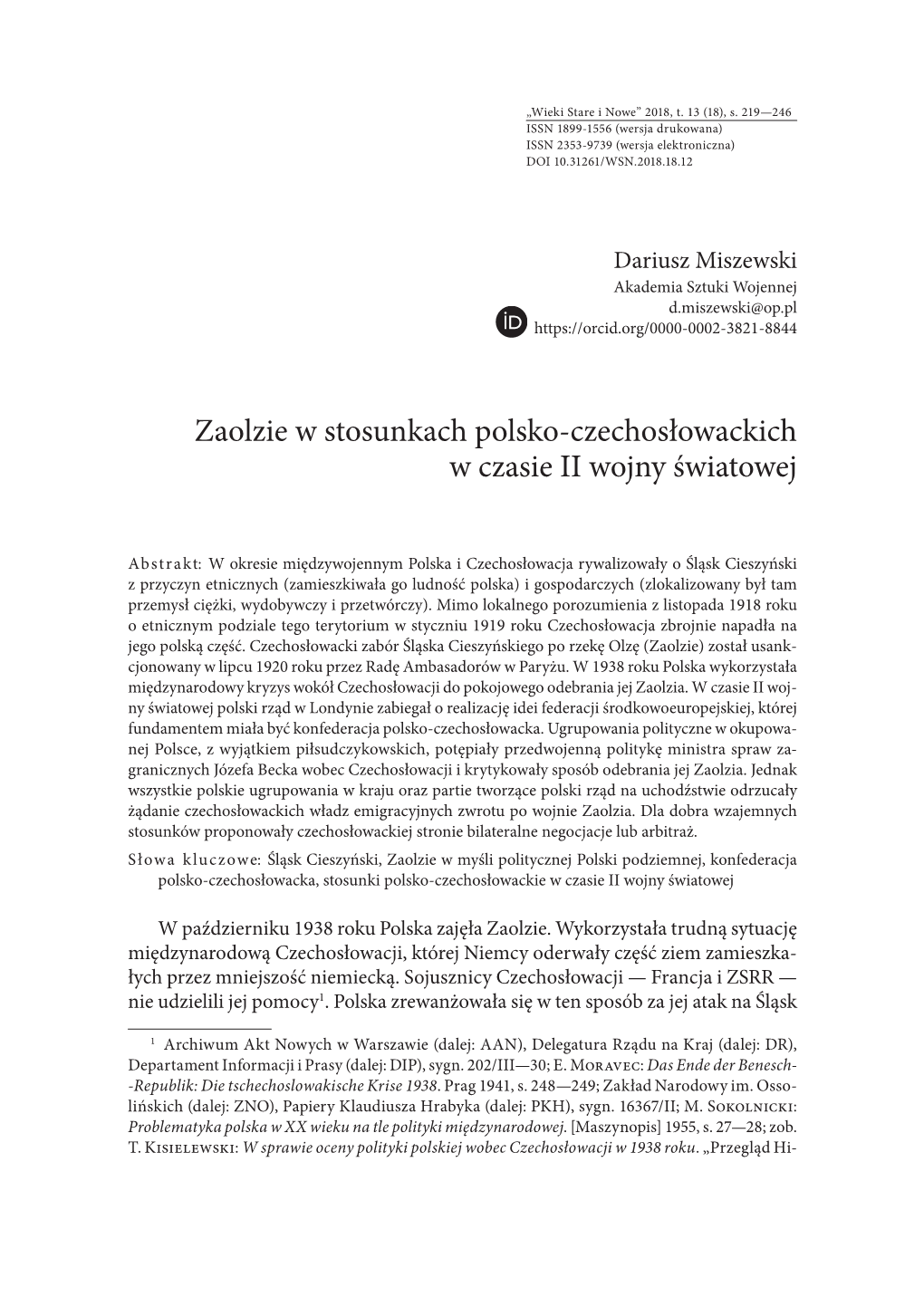 Zaolzie W Stosunkach Polsko­‑Czechosłowackich W Czasie II Wojny Światowej