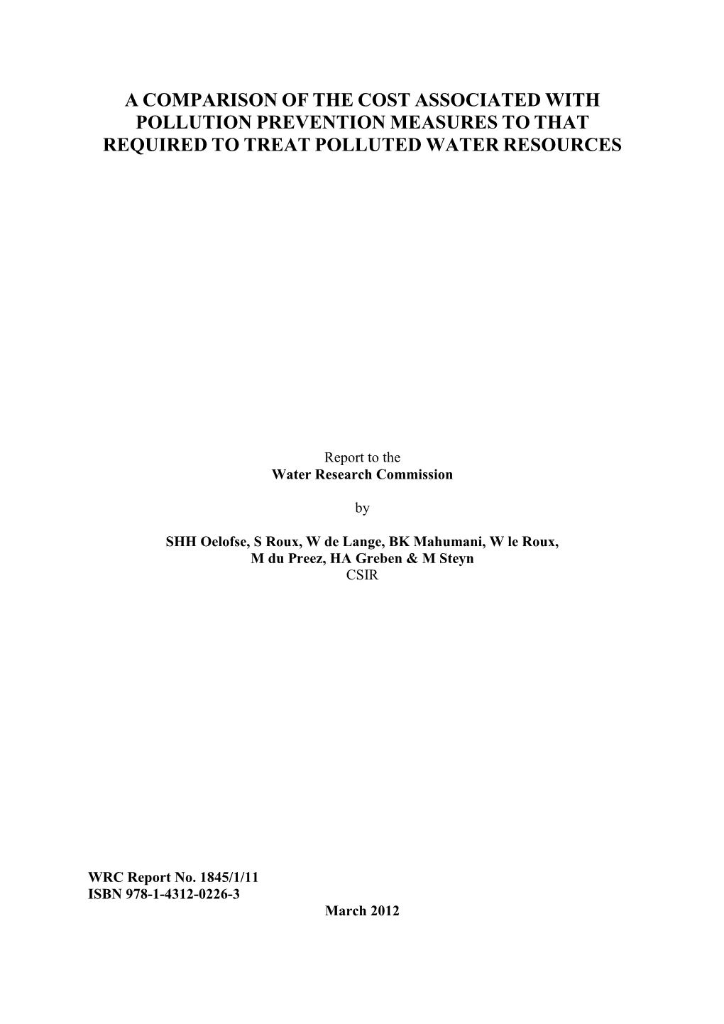 A Comparison of the Cost Associated with Pollution Prevention Measures to That Required to Treat Polluted Water Resources