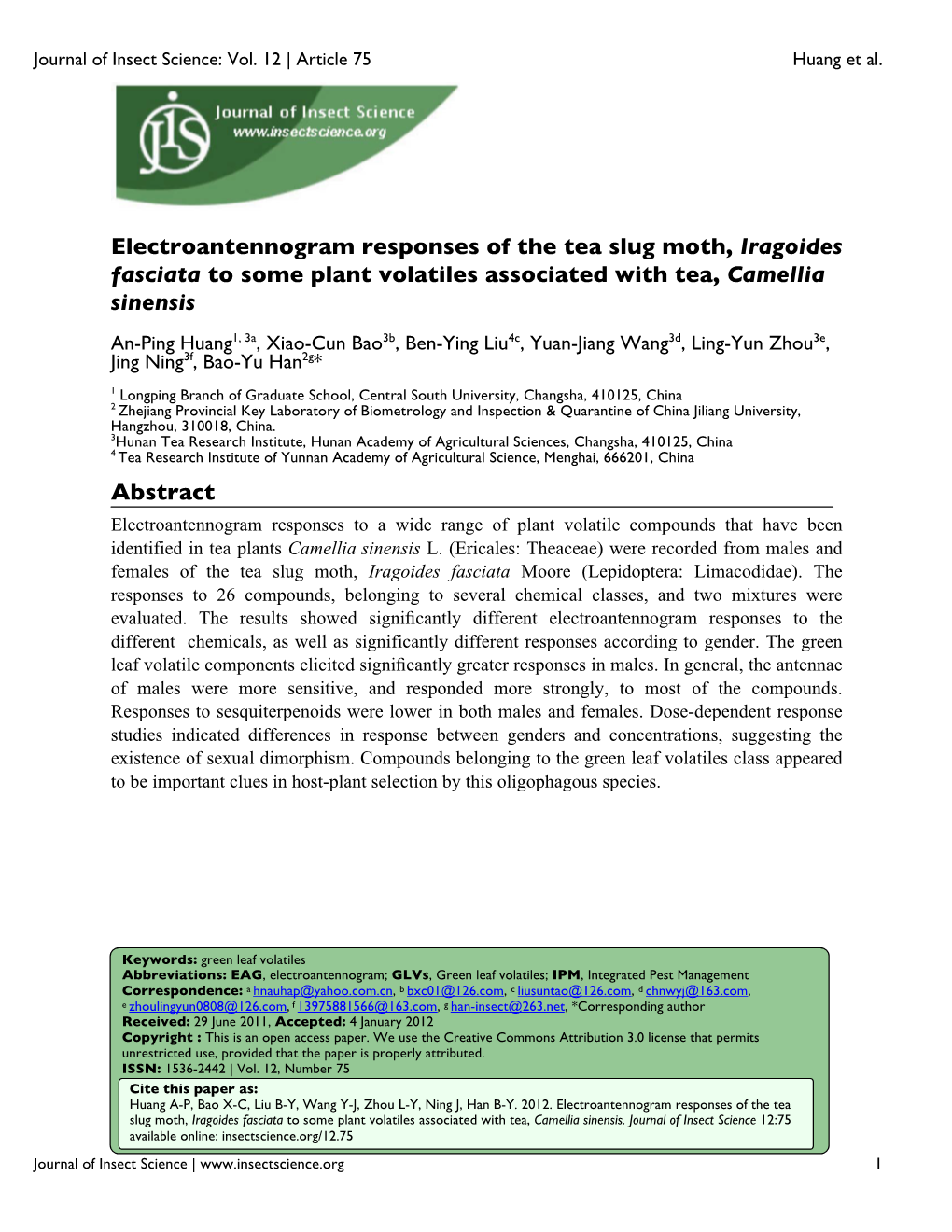 Electroantennogram Responses of the Tea Slug Moth