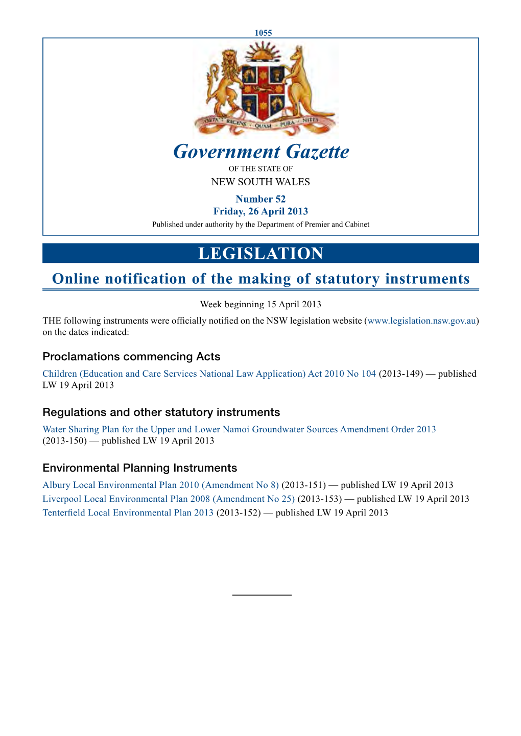 New South Wales Government Gazette No. 17 of 26 April 2013