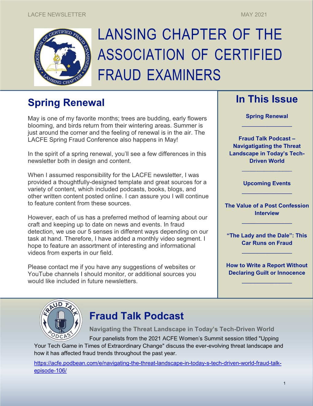 May 2021 Lansing Chapter of the Association of Certified Fraud Examiners