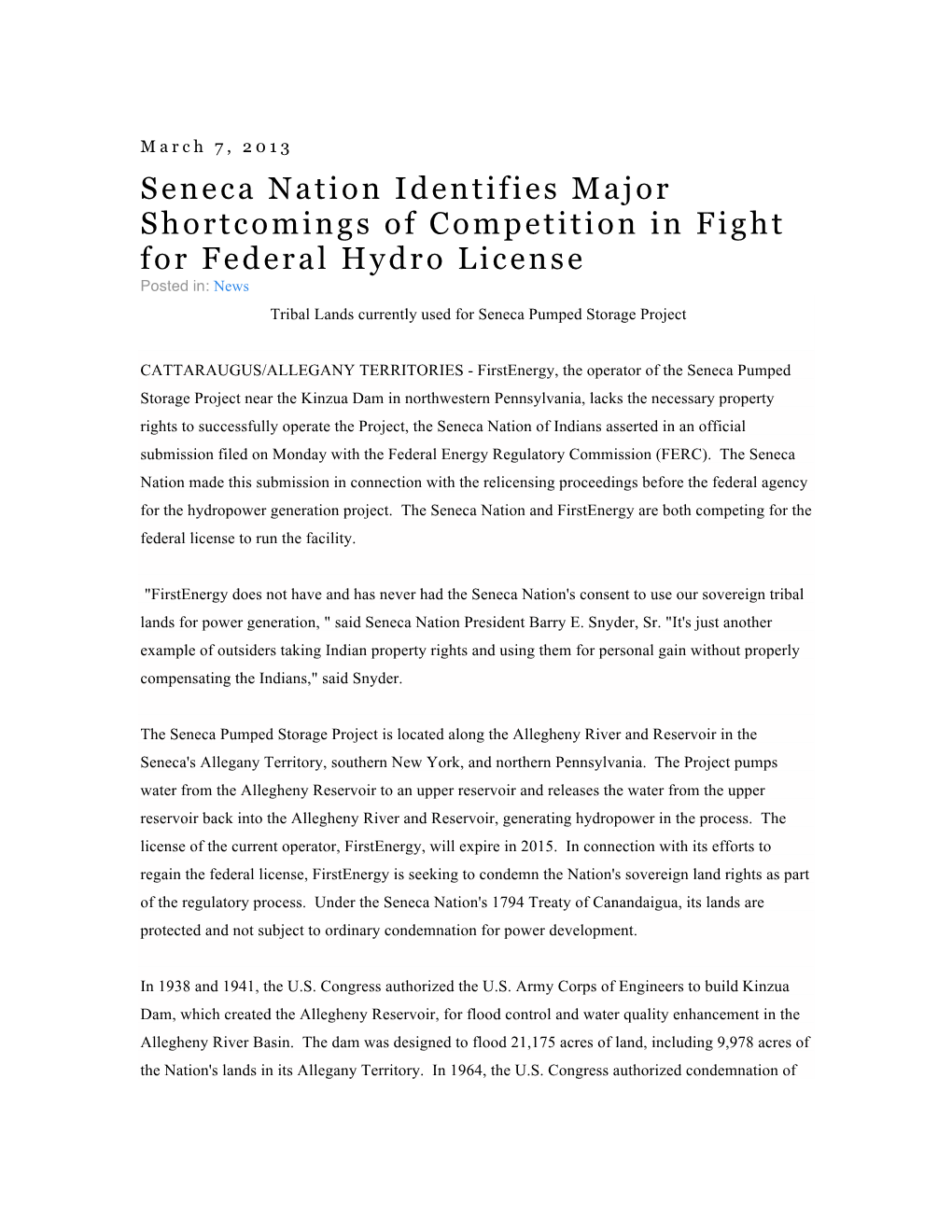 Seneca Nation Identifies Major Shortcomings Of