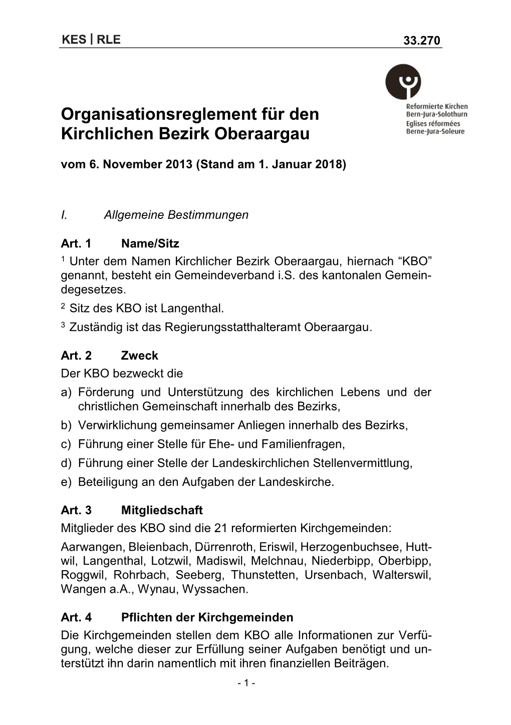 Organisationsreglement Für Den Kirchlichen Bezirk Oberaargau Vom 6