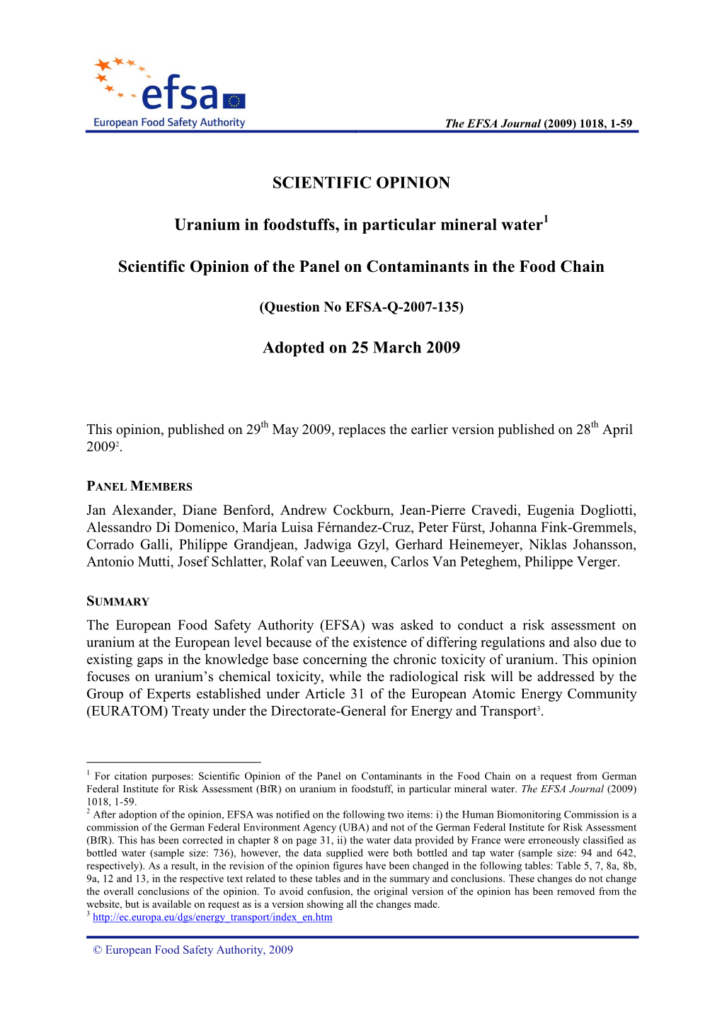 SCIENTIFIC OPINION Uranium in Foodstuffs, in Particular Mineral Water