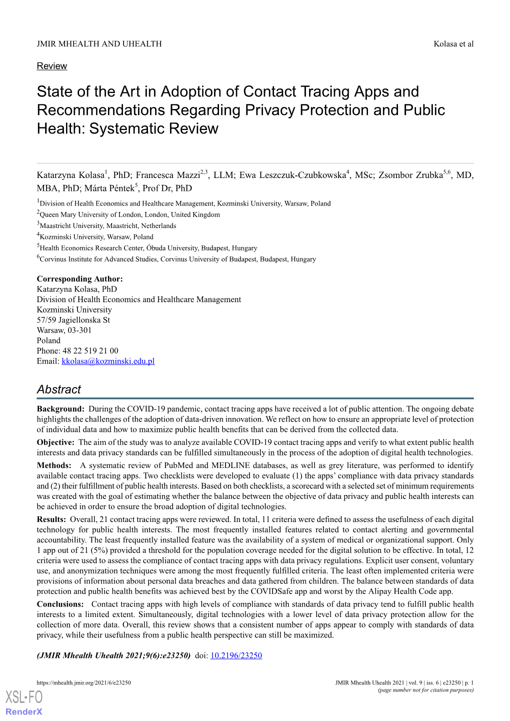 State of the Art in Adoption of Contact Tracing Apps and Recommendations Regarding Privacy Protection and Public Health: Systematic Review