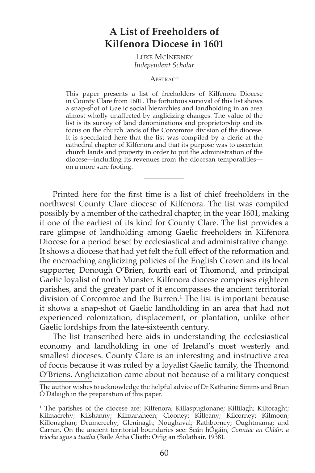 Freeholders of Kilfenora Diocese in 1601 Luke Mcinerney Independent Scholar