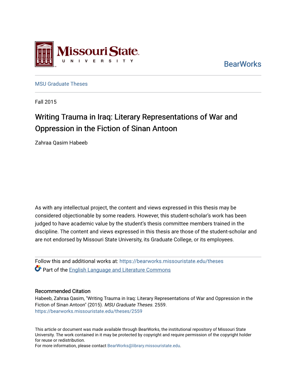 Writing Trauma in Iraq: Literary Representations of War and Oppression in the Fiction of Sinan Antoon