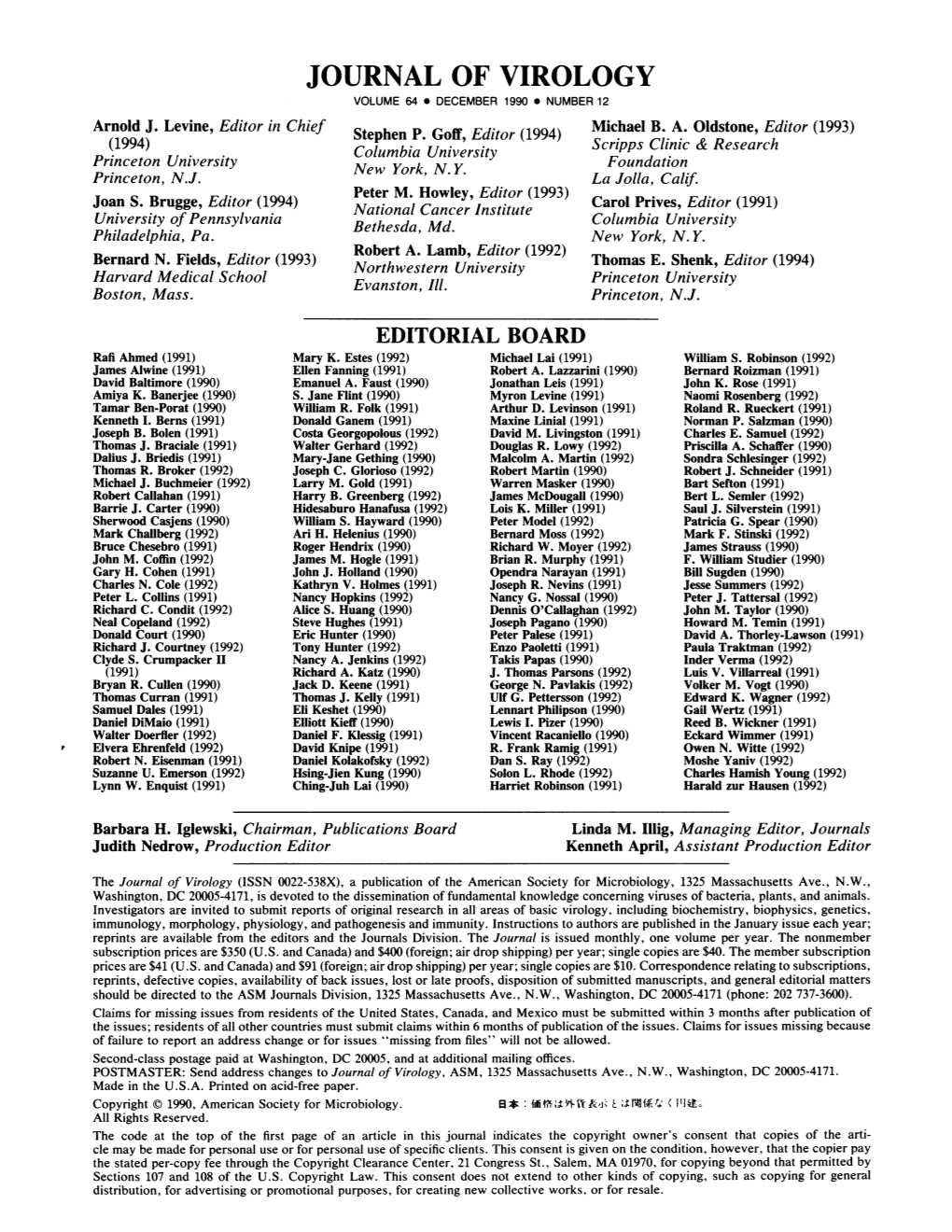 JOURNAL of VIROLOGY VOLUME 64 DECEMBER 1990 * NUMBER 12 Arnold J