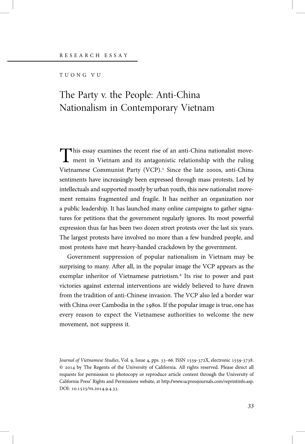 The Party V. the People: Anti-China Nationalism in Contemporary Vietnam