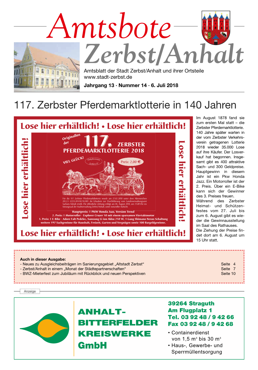 Amtsbote Zerbst/Anhalt Amtsblatt Der Stadt Zerbst/Anhalt Und Ihrer Ortsteile Jahrgang 13 · Nummer 14 · 6
