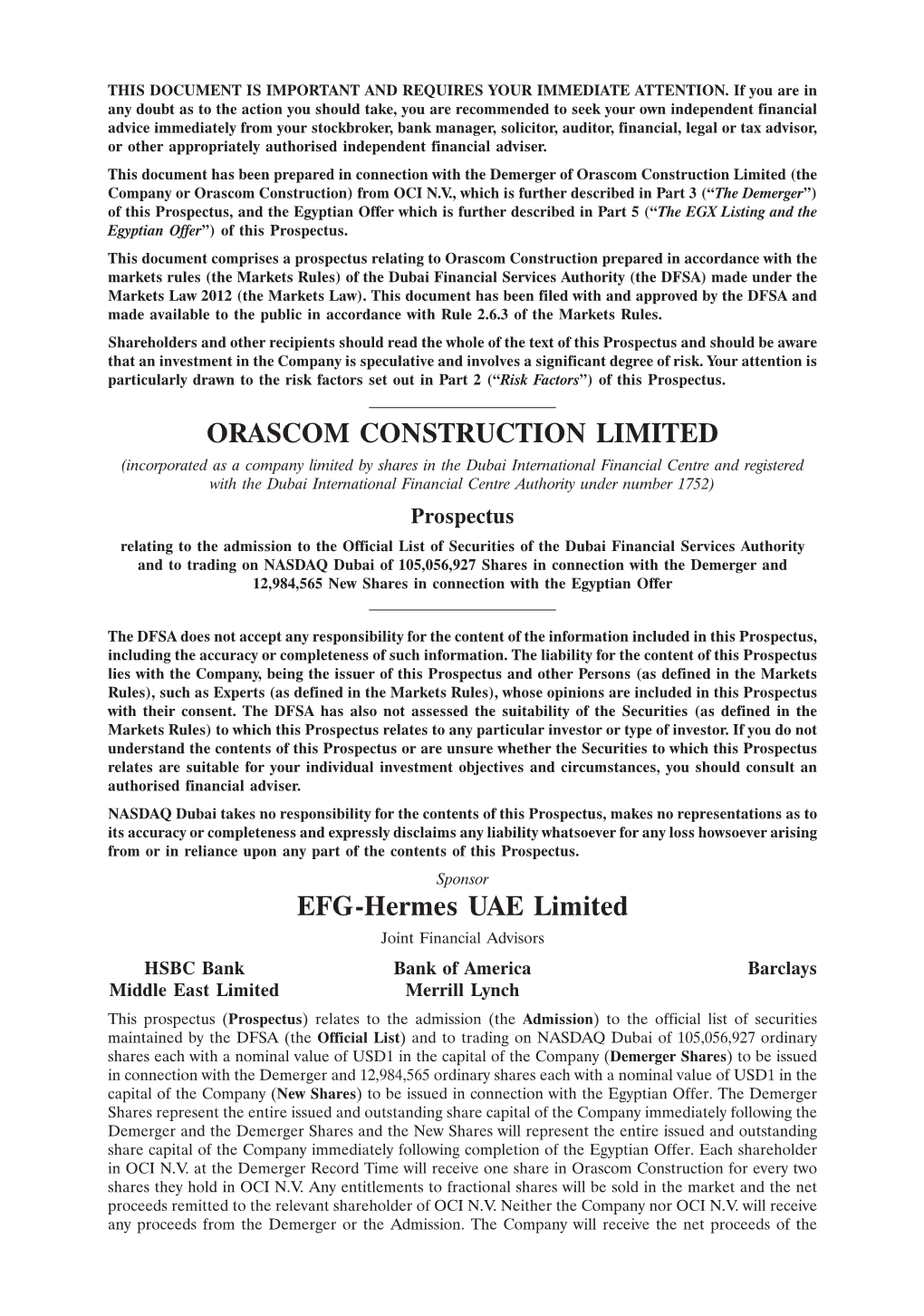 ORASCOM CONSTRUCTION LIMITED EFG-Hermes UAE