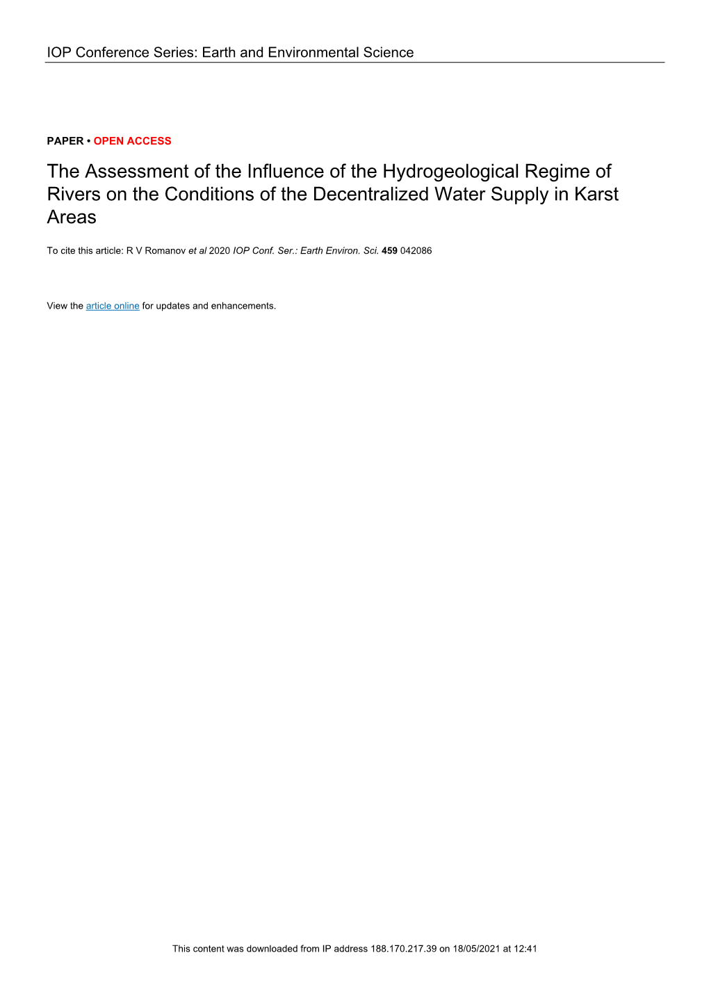 The Assessment of the Influence of the Hydrogeological Regime of Rivers on the Conditions of the Decentralized Water Supply in Karst Areas