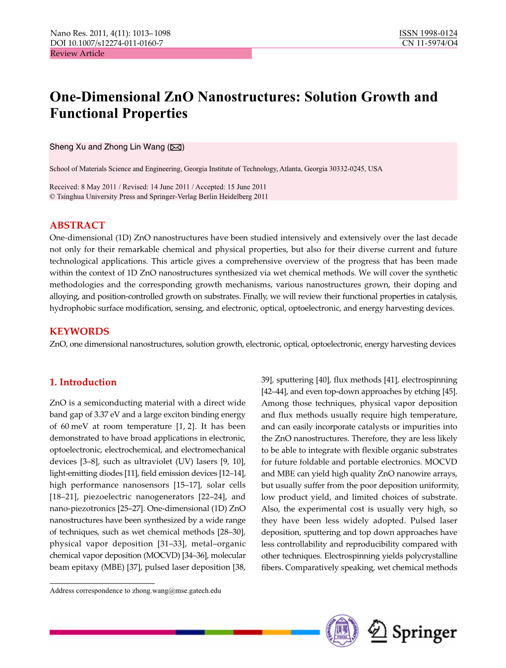 One-Dimensional Zno Nanostructures: Solution Growth and Functional Properties