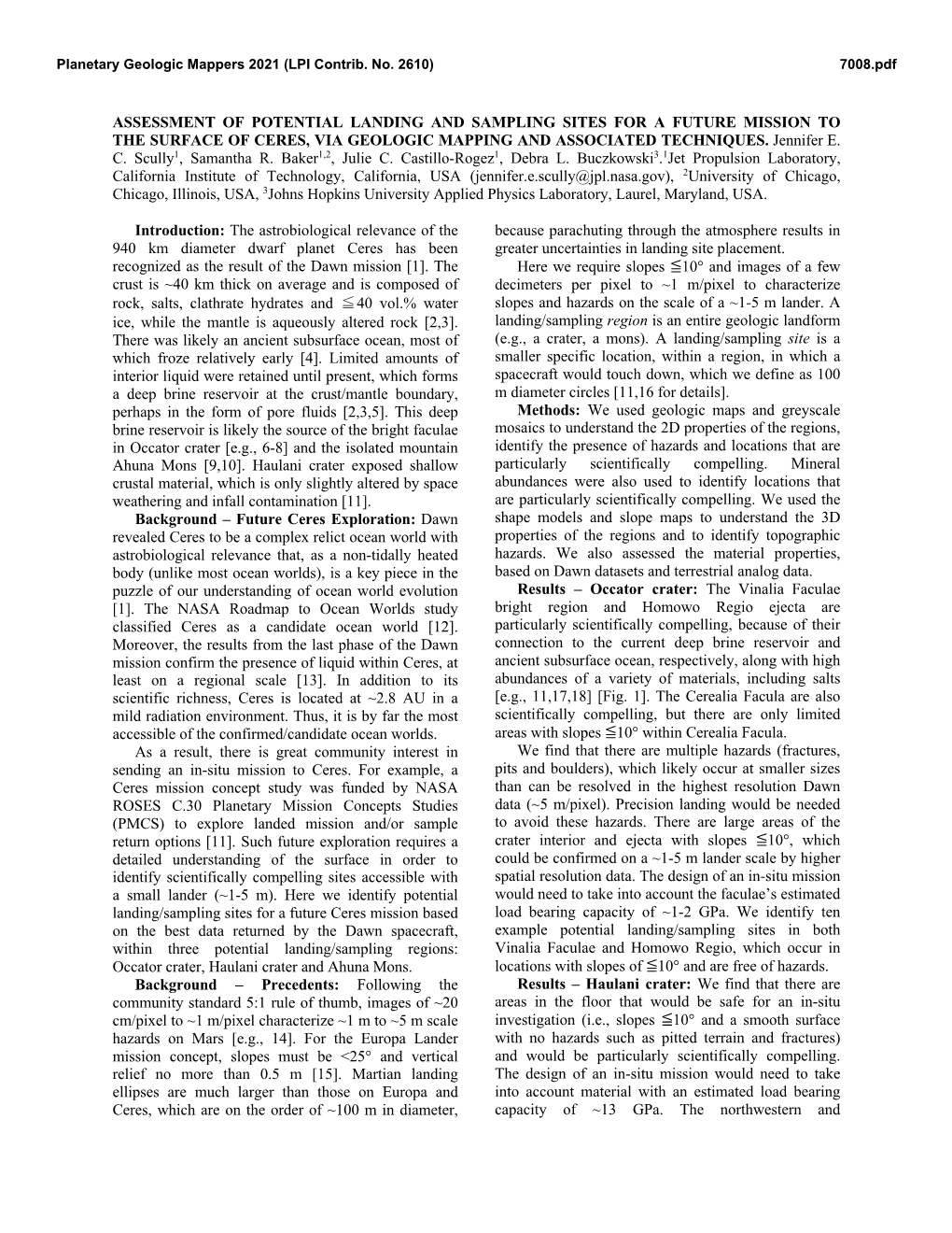 Assessment of Potential Landing and Sampling Sites for a Future Mission to the Surface of Ceres, Via Geologic Mapping and Associated Techniques