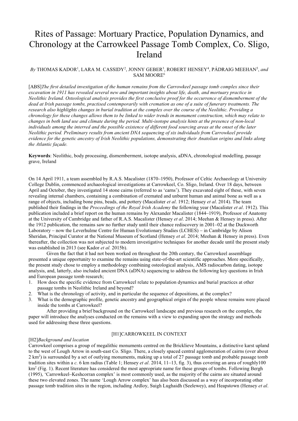 Mortuary Practice, Population Dynamics, and Chronology at the Carrowkeel Passage Tomb Complex, Co