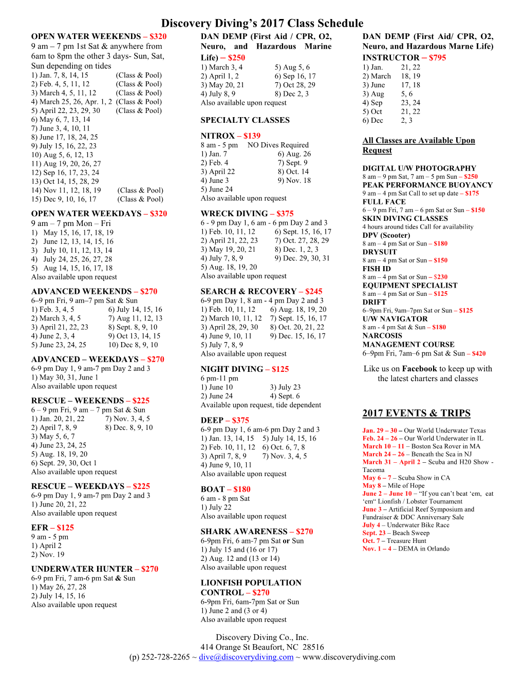 Discovery Diving's 2017 Class Schedule