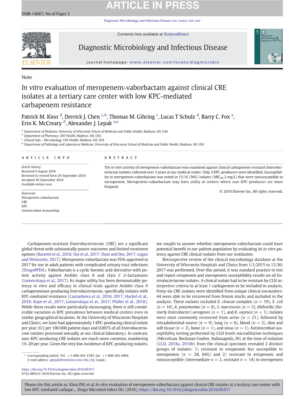 In Vitro Evaluation of Meropenem-Vaborbactam Against Clinical CRE Isolates at a Tertiary Care Center with Low KPC-Mediated Carbapenem Resistance