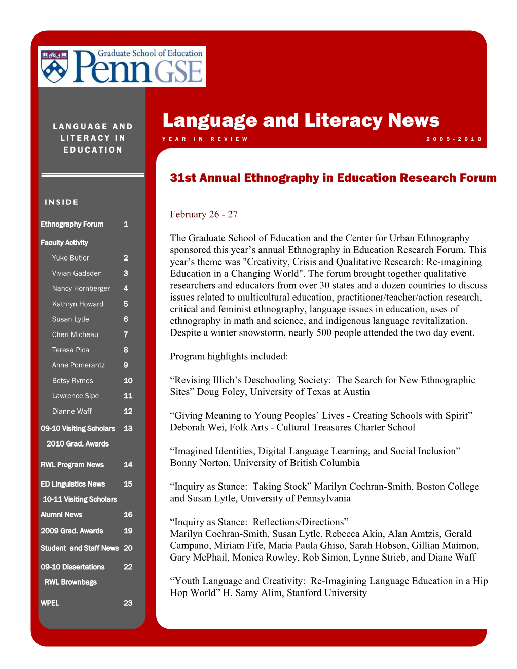 LLE Newsletter Spring 2010