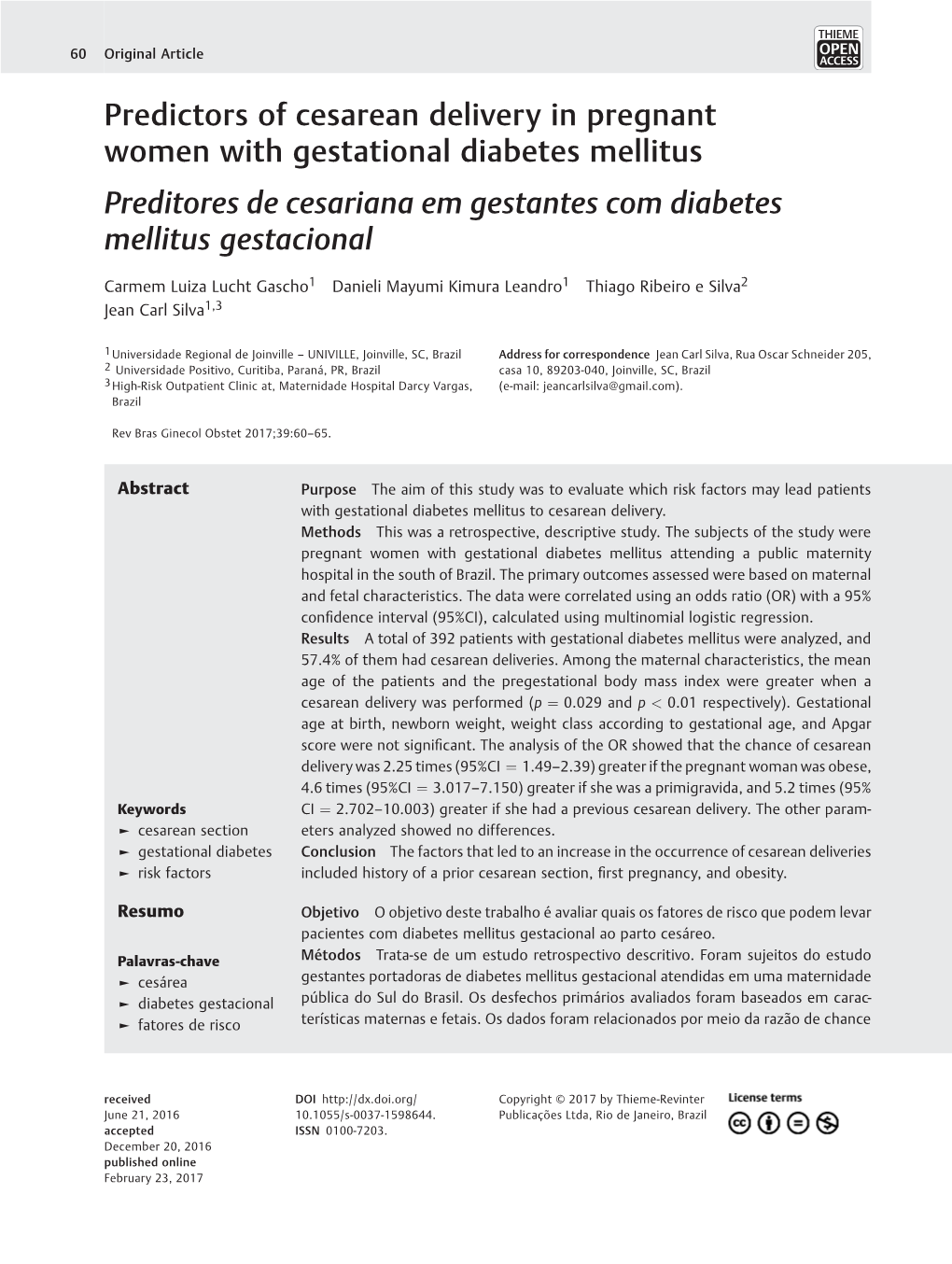 Predictors of Cesarean Delivery in Pregnant Women with Gestational Diabetes Mellitus Preditores De Cesariana Em Gestantes Com Diabetes Mellitus Gestacional