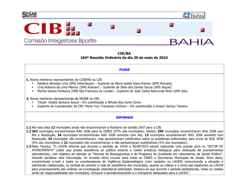 CIB/BA 184ª Reunião Ordinária Do Dia 20 De Maio De 2010