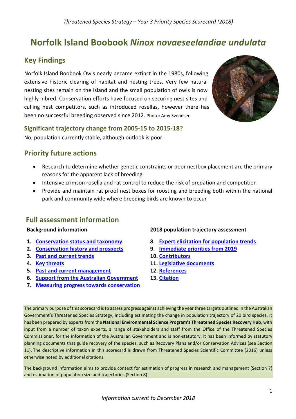 Threatened Species Strategy Year 3 Scorecard – Norfolk Island Boobook Owl