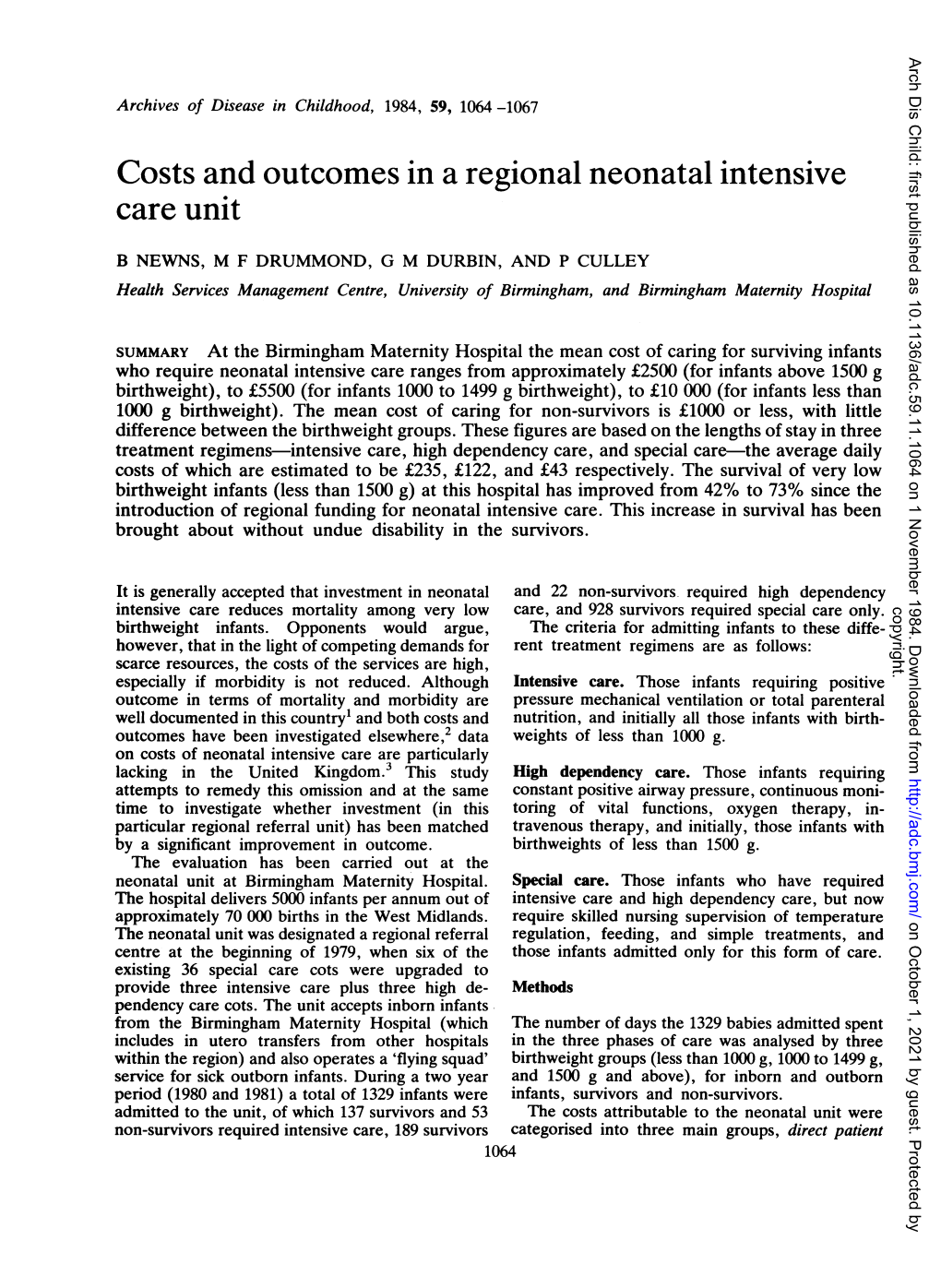 Costs and Outcomes Ina Regional Neonatal Intensive Care Unit