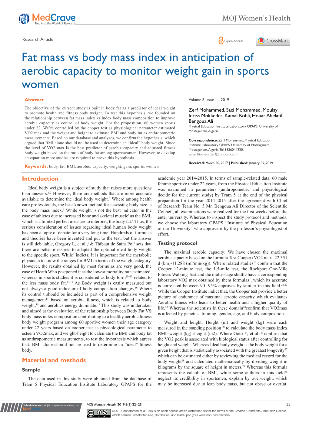 Fat Mass Vs Body Mass Index in Anticipation of Aerobic Capacity to Monitor Weight Gain in Sports Women