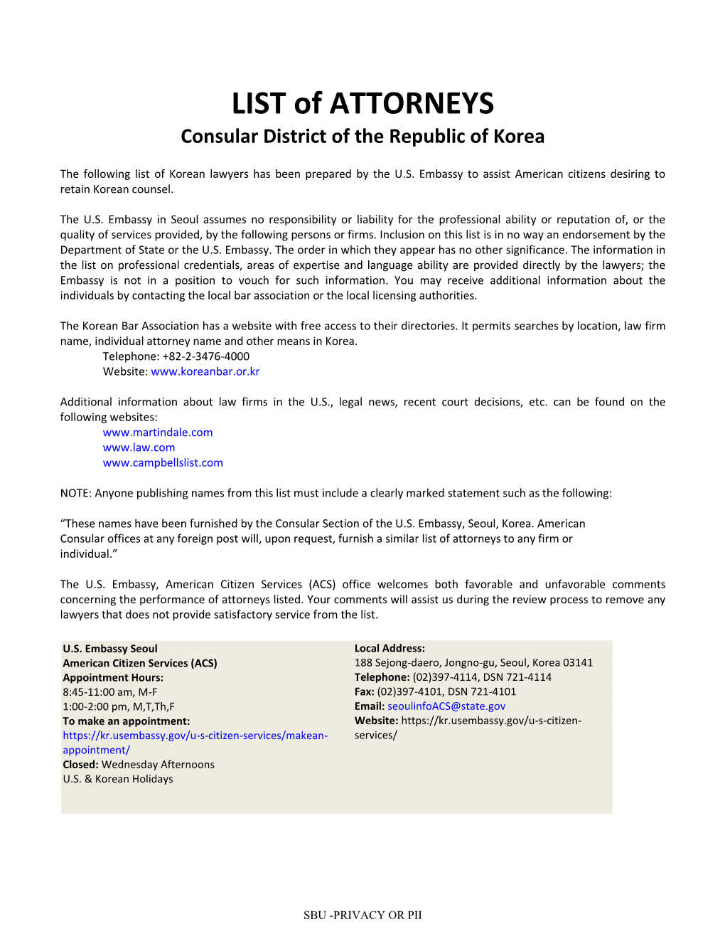 LIST of ATTORNEYS Consular District of the Republic of Korea