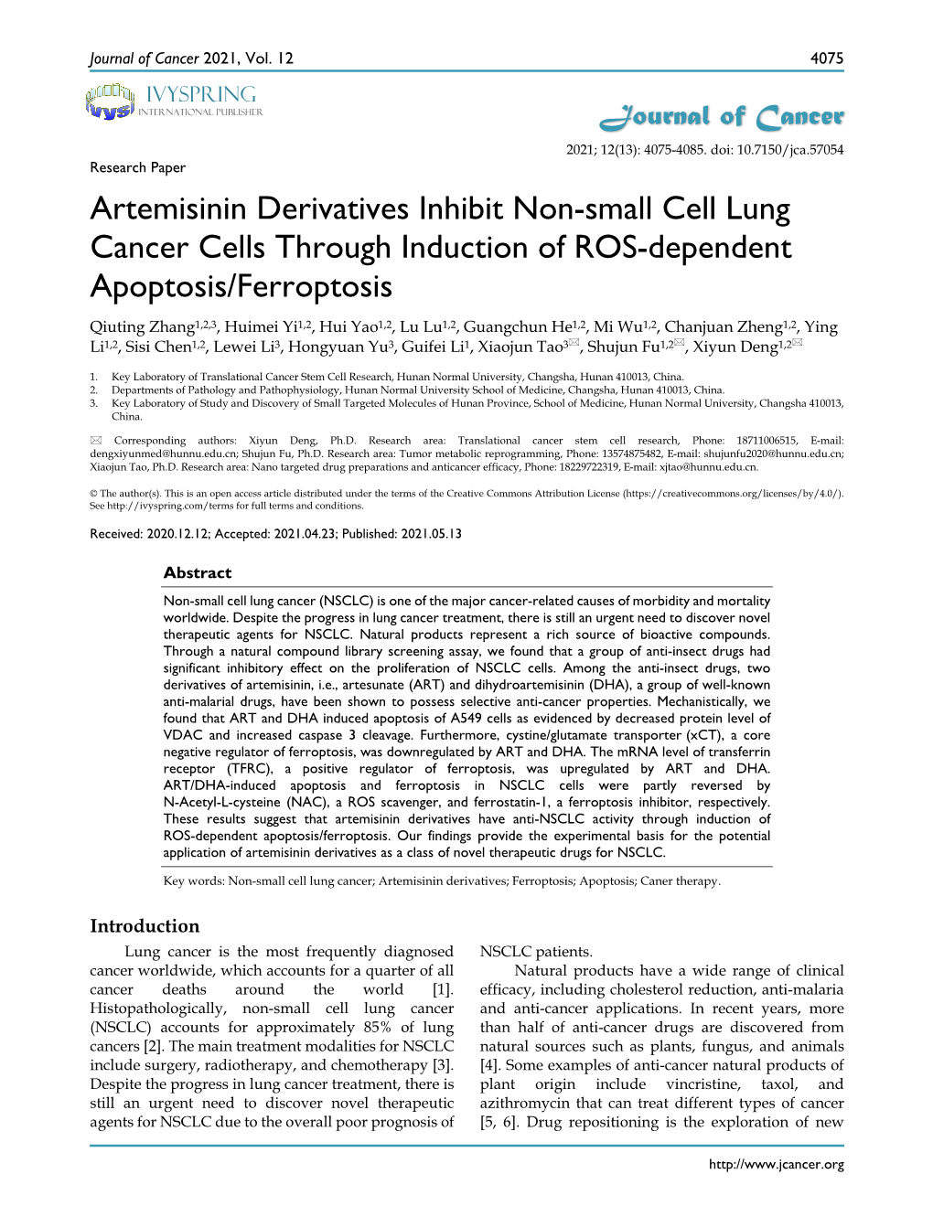 Artemisinin Derivatives Inhibit Non-Small Cell Lung Cancer Cells