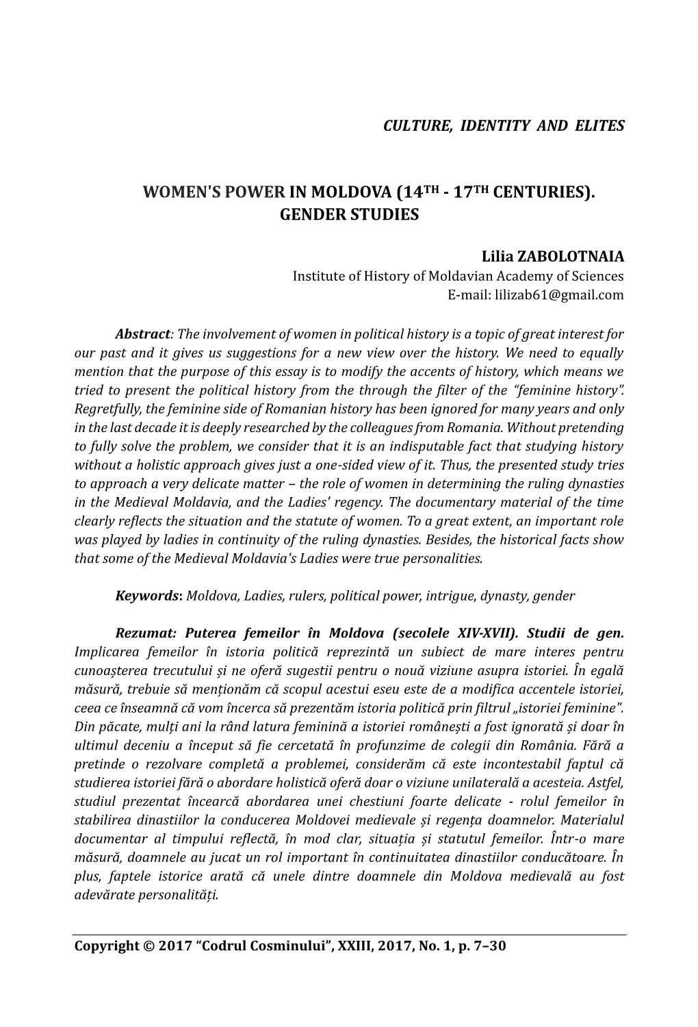 Women's Power in Moldova (14Th - 17Th Centuries)