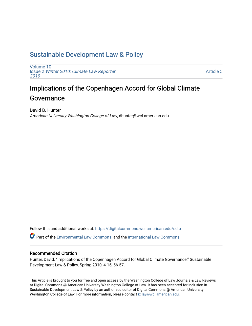 Implications of the Copenhagen Accord for Global Climate Governance