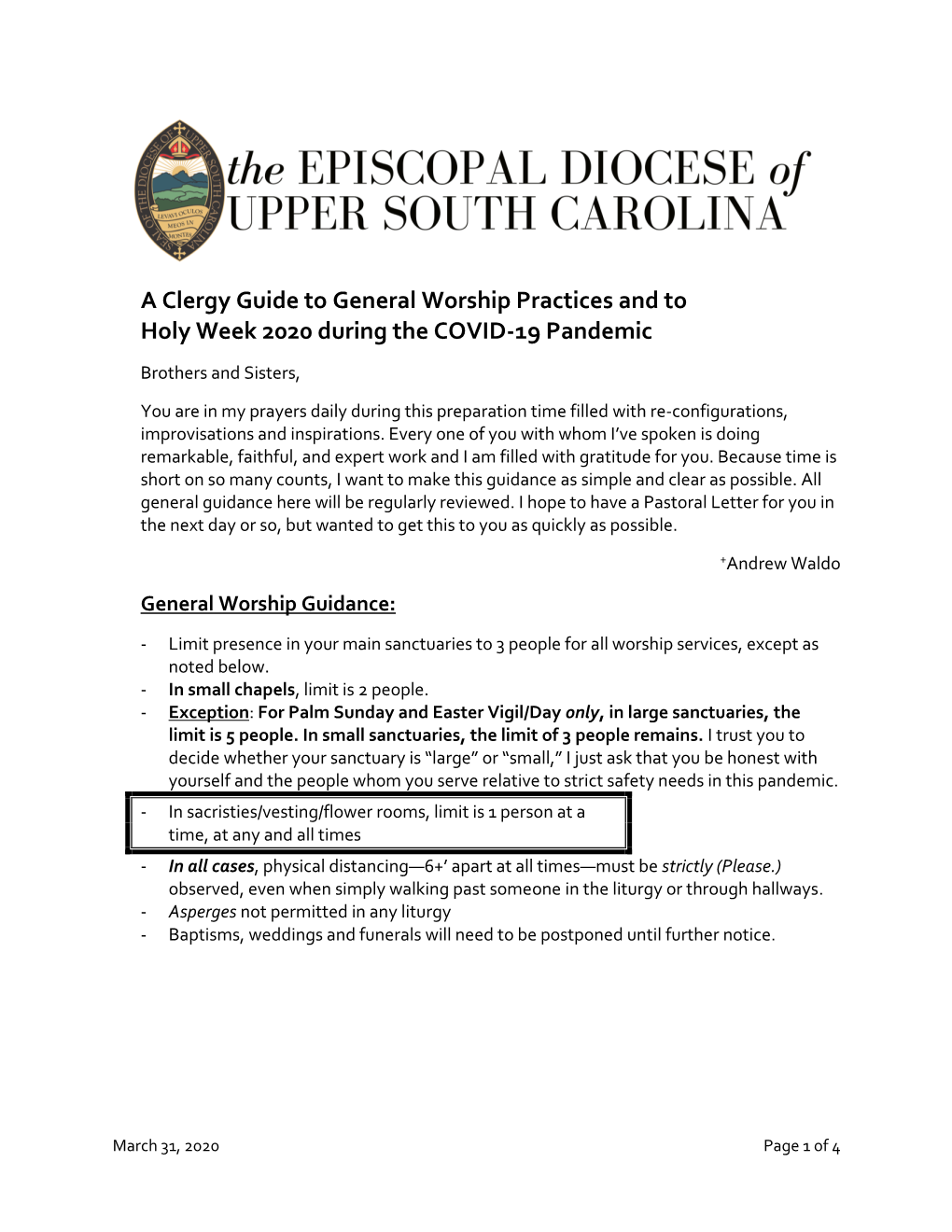 Bishop Waldo Has Issued the Following Guidance for Holy Week