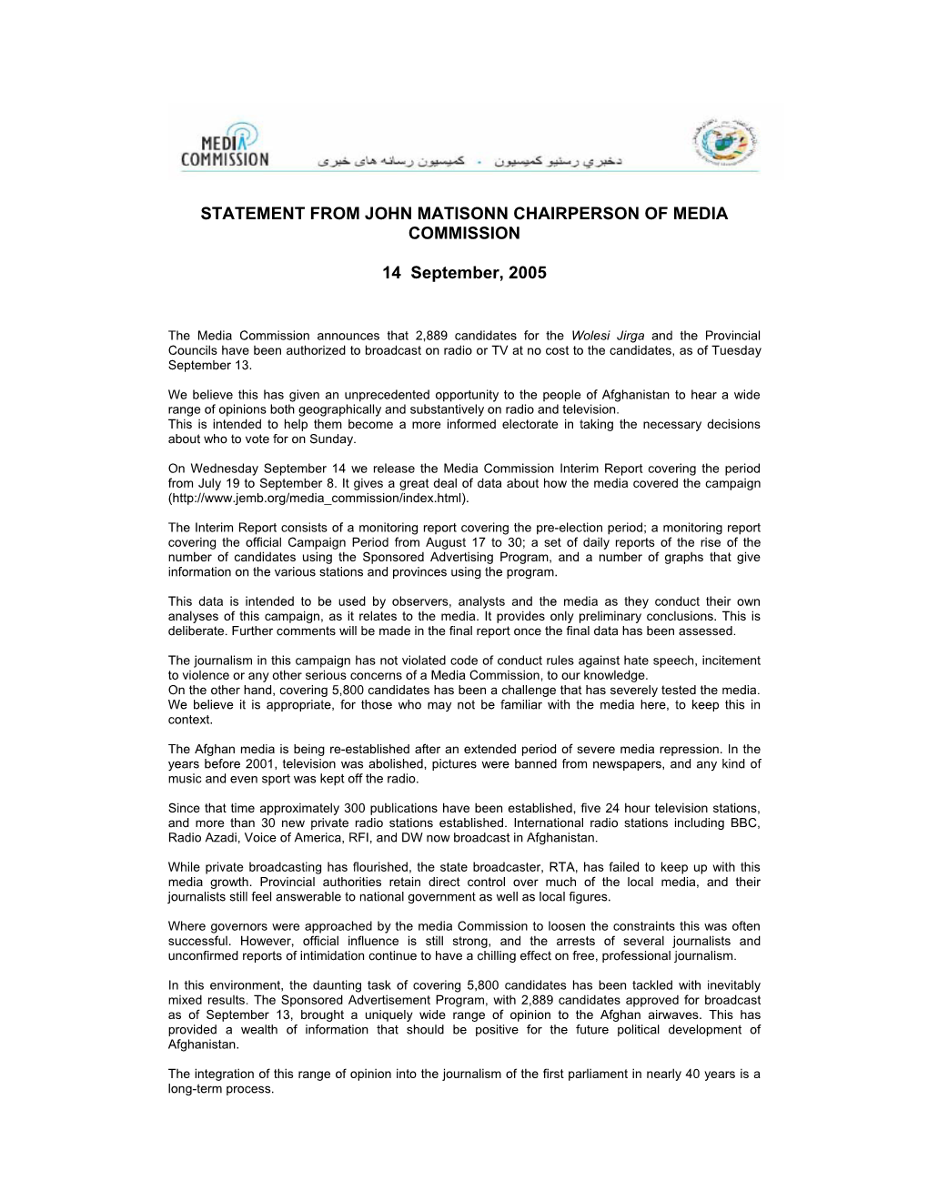 STATEMENT from JOHN MATISONN CHAIRPERSON of MEDIA COMMISSION 14 September, 2005