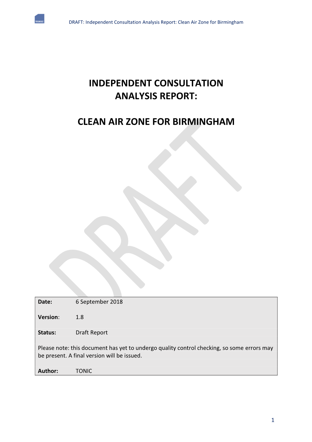 Independent Consultation Analysis Report: Clean Air Zone for Birmingham